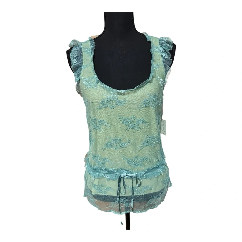Intuition NWT Green/Blue Ruffled Lace Tie Front Sleeveless Tank Top Size Small - Picture 2 of 6